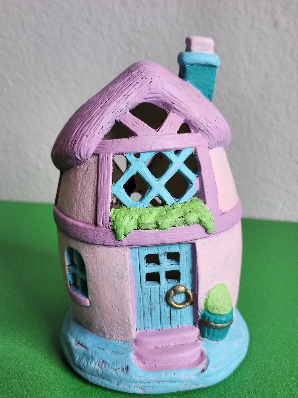 Handcrafted Pink and Blue Decorative Miniature House - Home Accent